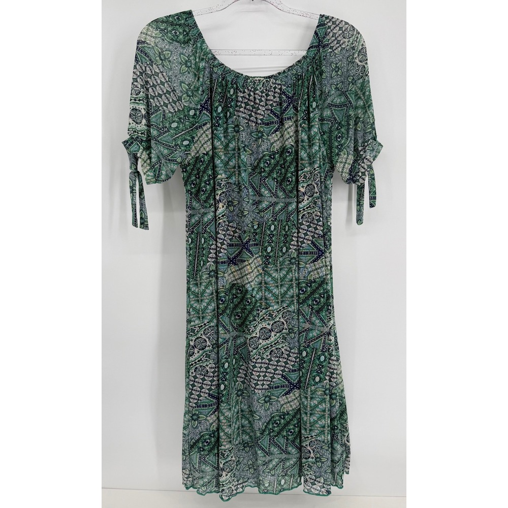 Joie de Vivre Womens Green Geometric Mosaic Print Tie Sleeve Shift Dress Sz L